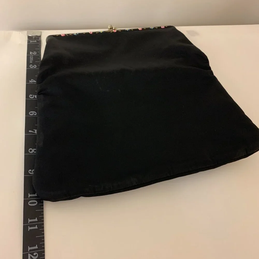 Evening Bag Black Fabric Vintage Floral Painted Trim Formal Party - Picture 5 of 9